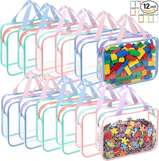 Shinylin 12 Packs Large Toy Storage Bags with Labels Clear PVC Toy Organizer with Zipper Colorful Classroom Storage Reusable Waterproof Organizer for Playroom School Blocks Game (Mix Pastel Color) by Shinylin