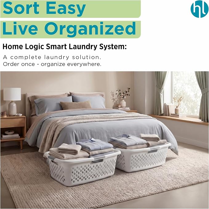 Home Logic 1.5 Bushel Plastic Laundry Basket Front Load, Large Laundry Hamper with Handles, Ventilated Clothes Organizer for Bedroom Bathroom Closet, 4 Pack, White - Image 7