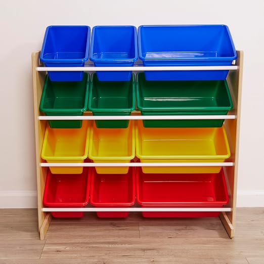 ECR4Kids 4-Tier Organizer with 12 Removable Plastic Bins, 4x3, Toy Storage, Natural/Primary | Durable plastic bins, MDF panels, steel frame, GREENGUARD Gold Certified, 48 lb capacity, anti-tip kit, playroom/classroom - Image 9