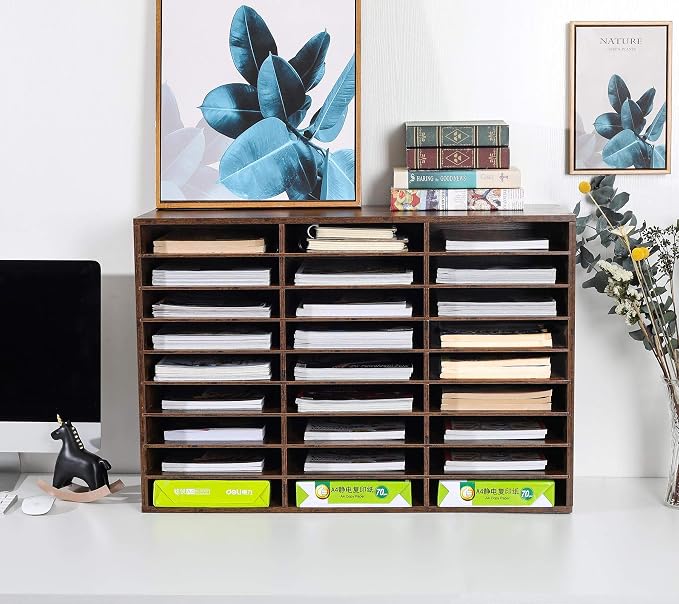 TQVAI Wood Literature Organizer, 27 Slots Hold 13500 Sheets A4 Papers, Wooden Desk File Paper Storage Organizer with Adjustable Shelves, Mailbox Cubbies for Office Home Classroom, Classroom, Archaize - Image 2