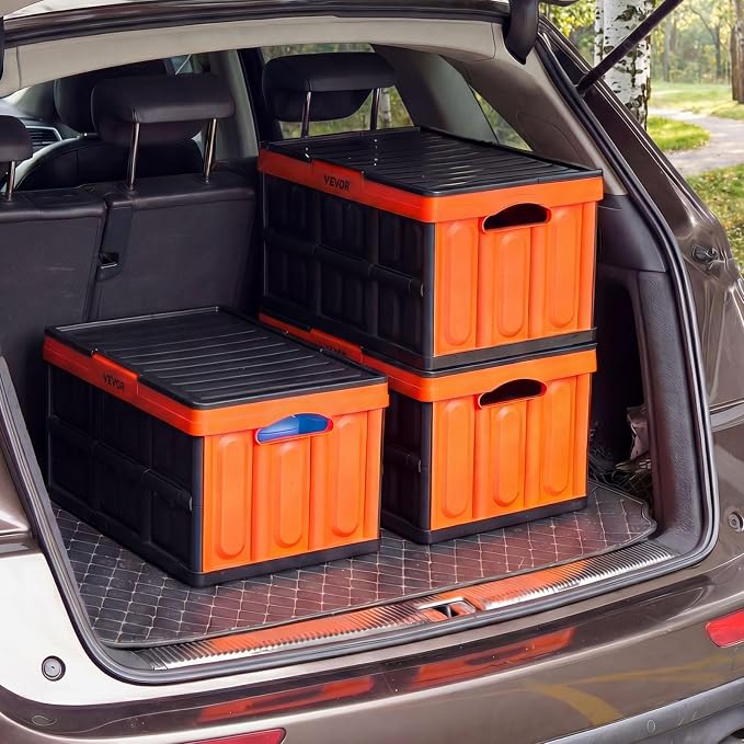 VEVOR Plastic Collapsible Storage Bins with Lids, 45L 3Packs, Stackable Folding Storage Crates with Handles, Holds 44 lbs Per Bin, Heavy Duty Containers, Space-Saving Baskets, for Home Organizing - Image 8