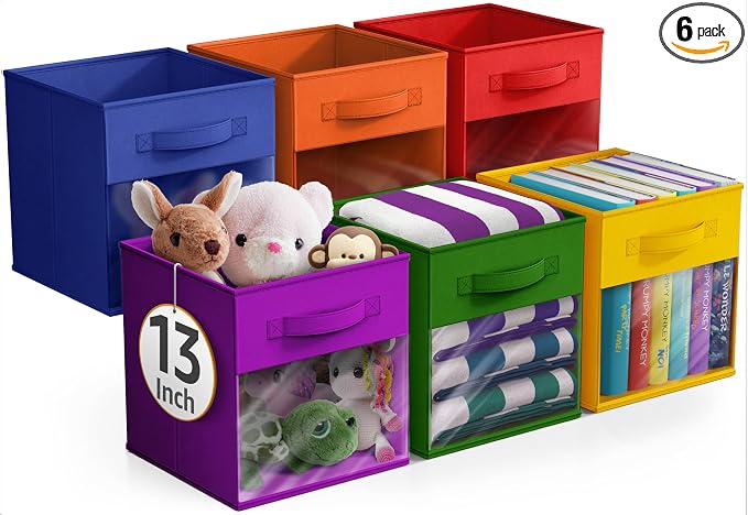 Sorbus 13 Inch Storage Bins with Clear Window - 6 Foldable Baskets for Organizing Clothes, Toys, Books - Sturdy Collapsible Fabric Storage Cubes with Handle - Storage Baskets for Shelves, Closets by Sorbus