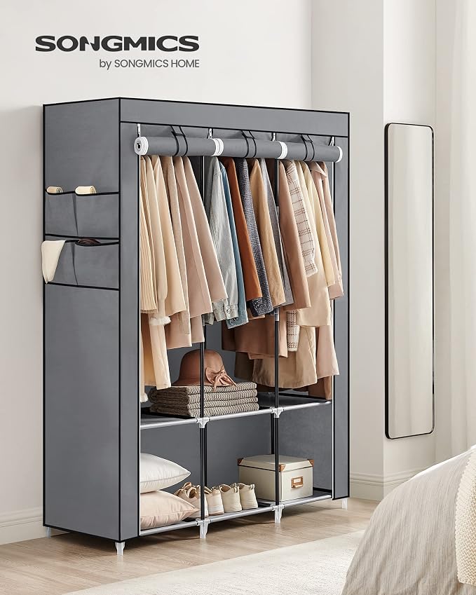 SONGMICS Portable Closet with Cover, 3 Hanging Rods and Shelves | Wardrobe Closet Organizer, 4 Side Pockets, 17.7 x 51.2 x 65.7 Inches, Dove Gray, RYLAN Collection URYG092G02 - Image 2