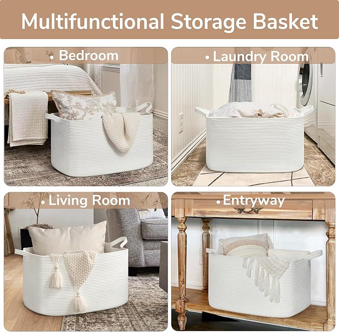 Goodpick Large Woven Rope Blanket Basket, Rectangle, White, 75L | 21.6'' x 14.9'' x 11.8'' Storage Basket for Blankets & Toys, Living Room, Bedroom & Nursery Organization, Reinforced Handles - Image 4