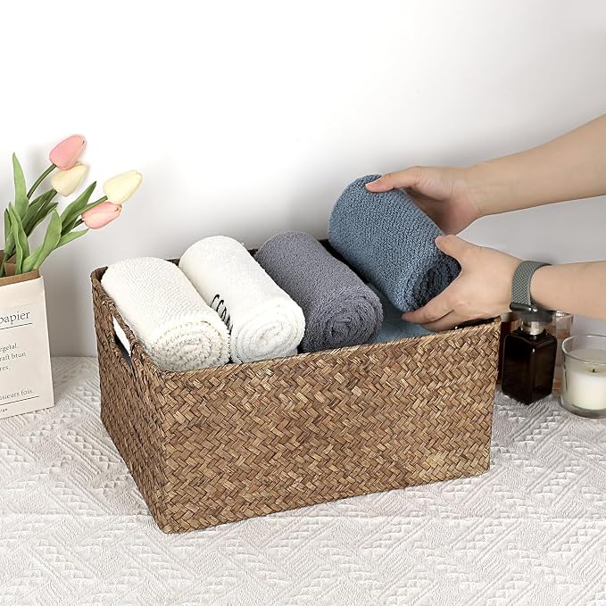 Hipiwe Wicker Storage Bin Handwoven Opened Baskets for Shelf Organizing | Rectangular Decorative Basket, Seagrass Closet Bedroom Organizer Bin Box Multipurpose Storage Basket with Handle - Image 2