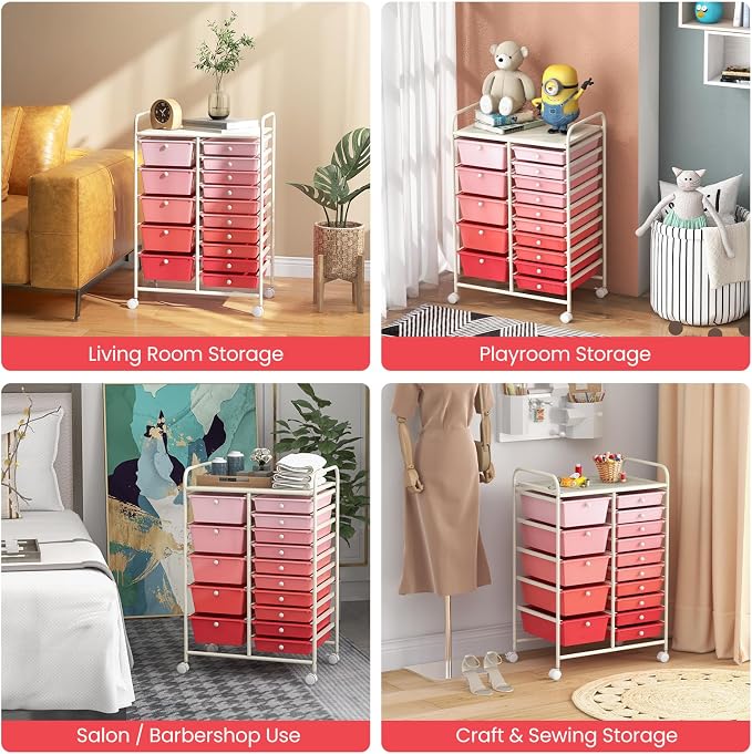 RELAX4LIFE 15-Drawer Storage Drawer Carts - Mobile Rolling Utility Cart w/Wheels, Craft Organizer for Classroom Organization and Storage, School, Office, Home, Storage Organizer Cart (Gradient Pink) - Image 8