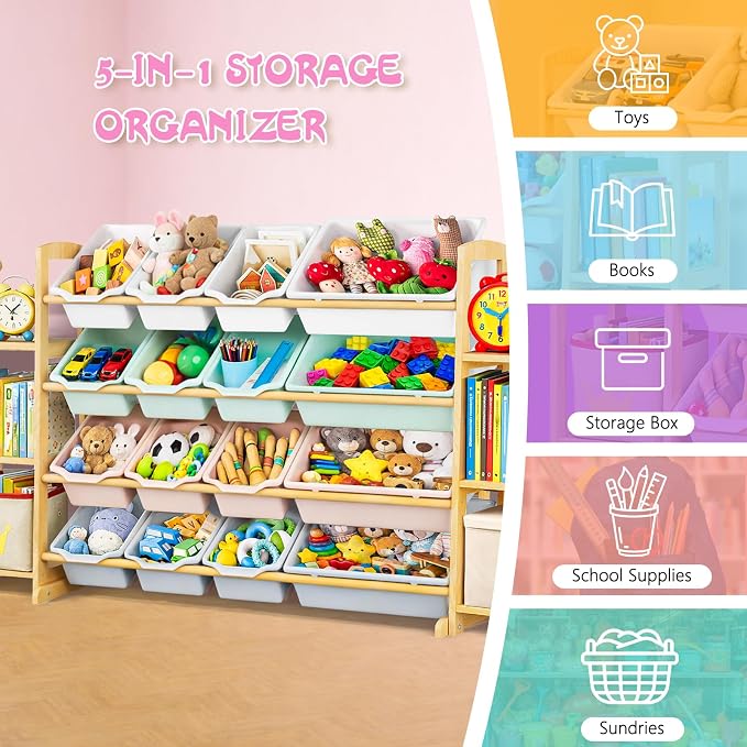 Kids Toy Storage Organizer with Bookshelf – Wooden Shelf with 16 Bins & 6 Shelves, Quick Assembly Storage Rack for Playroom, Bedroom, Nursery – Colorful - Image 6