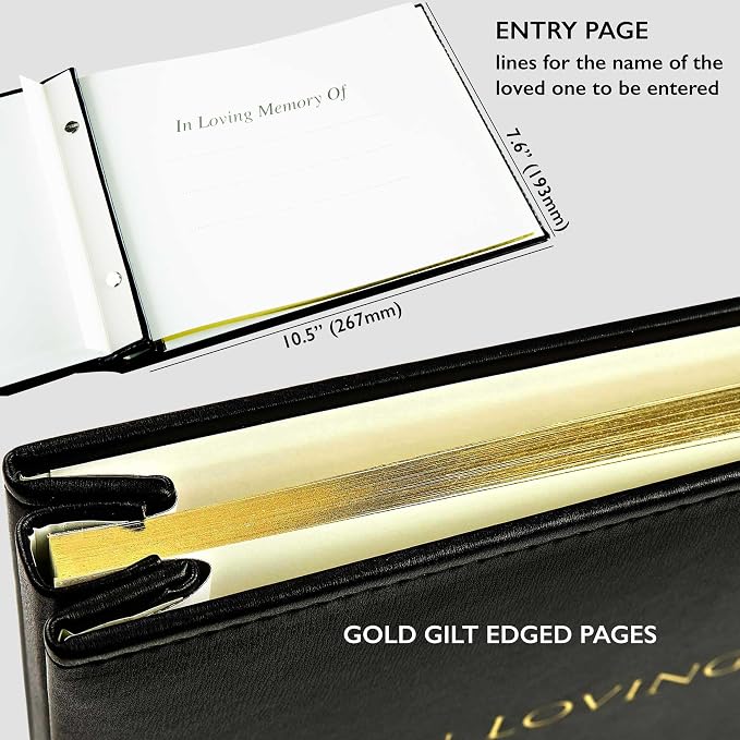 Funeral Guest Book in Loving Memory - 50 Loose Leaf Pages with Gold Gilt Edges & Storage Box - Hardcover Memorial Guest Book & Keepsake Pocket for Condolence Cards - for Funeral Services - Image 4