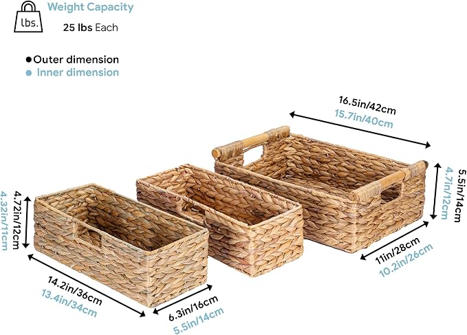 VATIMA Large Water Hyacinth Storage Baskets for Organizing with Wooden Handles for Shelves, 2 Bathroom Small Basket, Water Hyacinth Toilet Paper Baskets, Set of Natural Wicker Storage Basket for Home - Image 5
