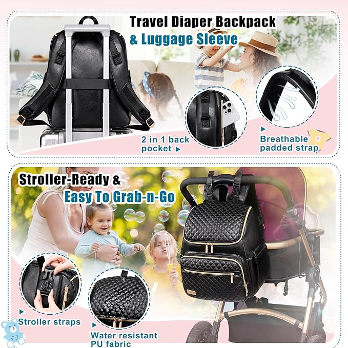 Diaper Bag Backpack Leather Baby Diaper Bag with Changing Pad Travel Diaper Backpack,Baby Bag for Mom,Stroller Straps,5 Insulated Pockets (Black Leather) - Image 6