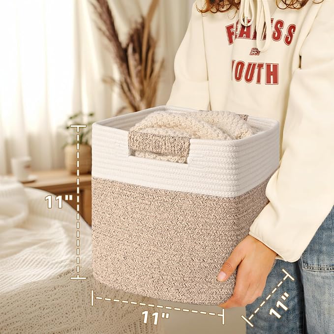 11 Inch Storage Cubes, 3 Pack Cube Storage Bins for Organizing, Cotton Rope Woven Baskets for Shelves, Bathroom, Kids Room, Closets, Baby Nursery - Image 6