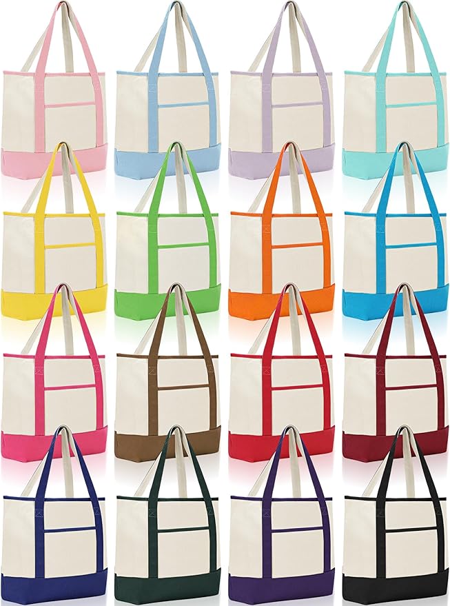 Sanwuta 16 Pack Canvas Tote Bags Bulk with Outer Pockets,Assort Color | Reusable Cotton Grocery Bags, Perfect for Teachers, Party Giveaways, DIY Crafts, Wedding Favors, Business Gifts by Sanwuta