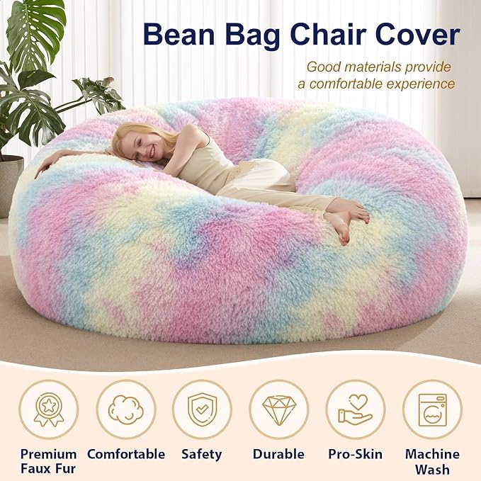 Bean Bag Cover (No Filler), Faux Fur Beanbag Chairs Covers Only, Stuffed Animal Storage Bean Bag, Giant Washable Beanbag Cover Without Filling, 6FT, Rainbow - Image 4