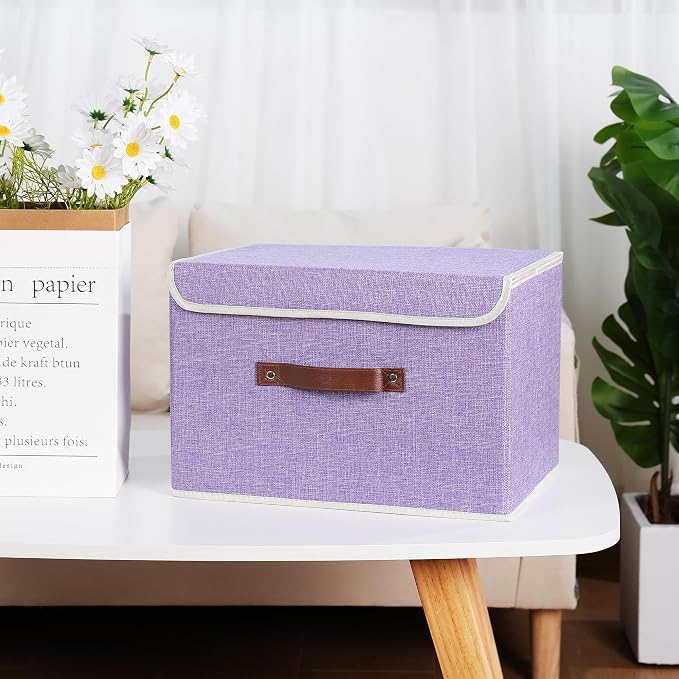 ANMINY Fabric Storage Box Bins with Lids, Purple, 15"x10"x10", 4 Pack | Keepsake Memory Storage, Cotton Linen, PP Board Reinforced, Washable, PU Handles, Foldable & Stackable, Decorative, Large - Image 2