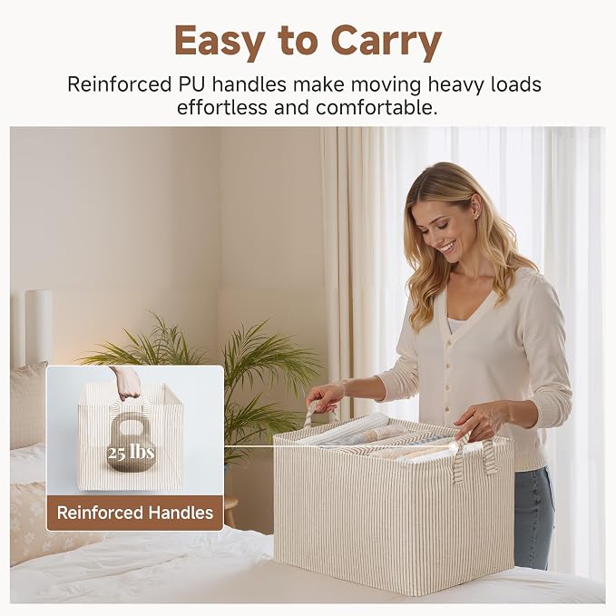 StorageWorks Storage Bins, Fabric Storage Bins for Shelves, Extra Large Storage Baskets with Metal Frame, Closet Baskets and Bins with Handles, Jumbo, Khaki and Beige Stripes, 2-Pack | Extra Large, With Reinforced Handles, Metal Frame, Collapsible, Bas... - Image 5