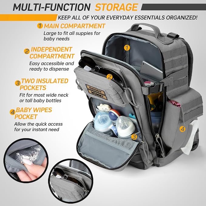 SHARKMOUTH Baby Diaper Bag for Dad - Large Military Daddy Gear Backpack with Changing Pad for Travel Camping Hiking - Newborn Baby Shower Gifts Gray - Image 5