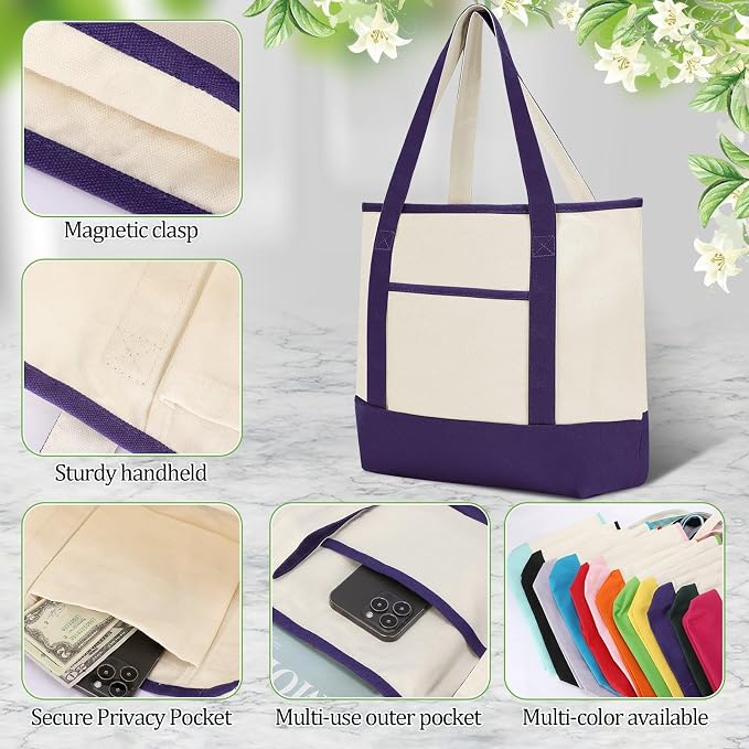 Sanwuta Canvas Tote Bags Bulk with Outer Pockets,Bright Color,12 Pack | Reusable Cotton Grocery Bags, Perfect for Teachers, Party Giveaways, DIY Crafts, Wedding Favors, Business Gifts - Image 4