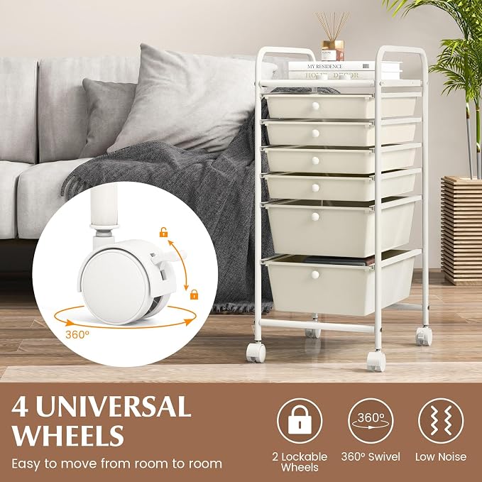 GOFLAME 6-Drawer Rolling Storage Cart, Multifunctional Art Supply Organizer Cart, Mobile Utility Storage Cart with Removable Drawers & Lockable Wheels, Craft Cart for Home Office, White - Image 6
