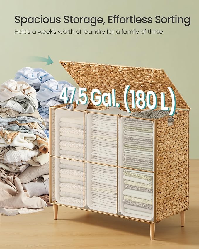 SONGMICS Laundry Hamper 3 Sections, 47.5 Gal. (180 L) Handwoven Water Hyacinth Wicker Laundry Basket with Lid, Natural Material, Removable Machine Washable Liners, Handles, Natural ULCB203Y01 - Image 3