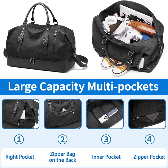 Canvas Duffle Bag for Travel, Weekender Overnight Bag for Women Men with Shoe Compartment Carry on Duffle Bags for Airplanes Gym Sport Business Bag - Image 3