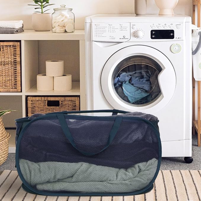 Durable Collapsible Laundry Baskets, Mesh Pop Up Laundry Hamper with Handy Pocket, Foldable Clothes Hamper with Reinforced Carry Handles for Laundry, Bathroom, Kids Room or Travel Navy - Image 4