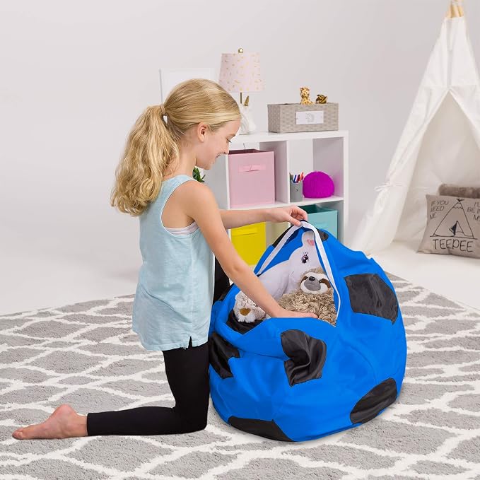 Posh Creations Kids Stuffed Animal Storage Bean Bag Chair Cover - Childrens Toy Organizer, Medium-27in, Sports Soccer Ball Blue and Black by PoshCreations