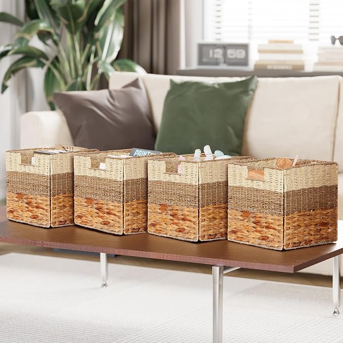 SpaceAid 4 Pack 3 Pattern Design Wicker Basket, Baskets for Organizing, Storage Rattan Basket with Handles for Shelves, Woven Cube Storage Bin Organizer, 13x13x13 inch, Natural - Image 5