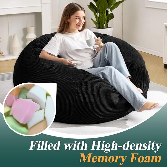 4FT Bean Bag Chair for Adults,Large Teardrop Beanbag with Filler | Beanbag Chair with Memory Foam Filled,Bean Bags with Handy Handle&Machine Washable Cover for Living Room,Bedroom-Black - Image 4