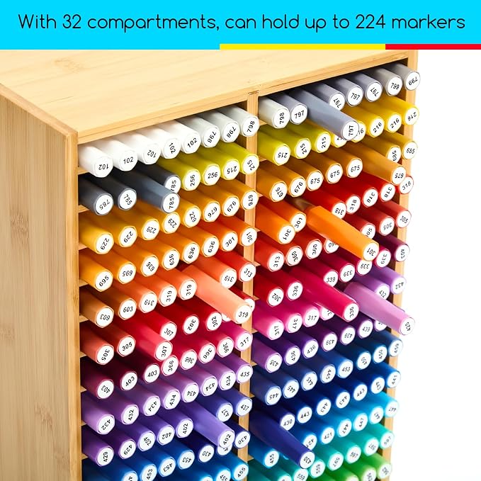 MEEDEN Bamboo Marker Organizer for Desk: Holds 224 Pens with 32 Compartments- Art Supply Storage & Holder for Alcohol Markers，Pens，Pencils - Image 4