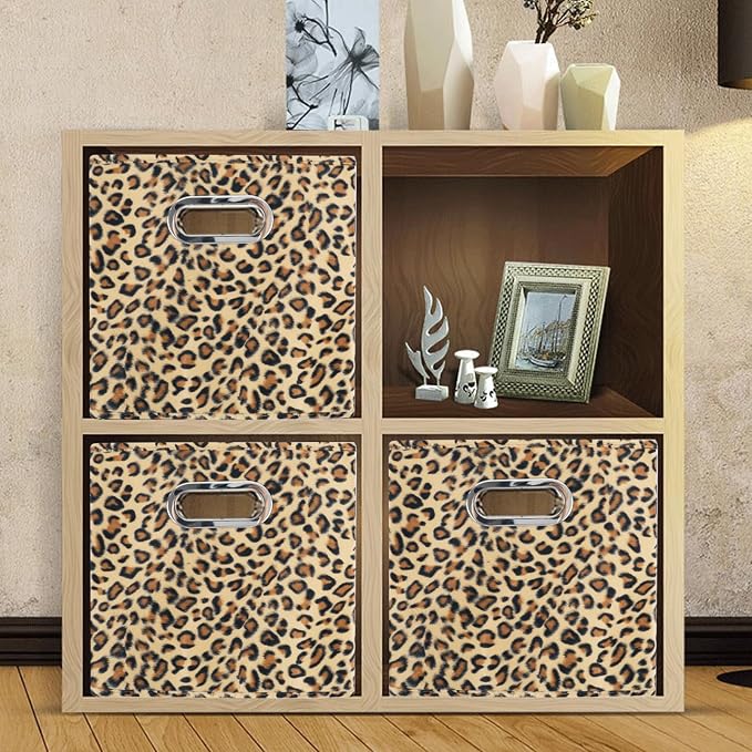 ANMINY Leopard Cheetah Print Storage Cubes Bins, Velvet, Brown, 11Inch 8PCS | Collapsible & Washable, PP Board Frame, Built-in Metal Handles, Animal Themed Fabric Cubes Baskets for Closet Shelves Decor - Image 6