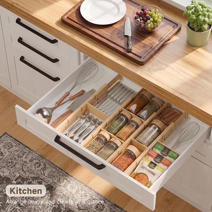 Bamboo Drawer Dividers, Expandable Kitchen Drawer Organizer | Include 4 Dividers, 4 Small Inserts and 4 Medium Inserts for Home, Office, Dressers - Image 4