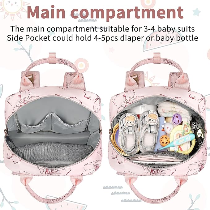 Diaper Bag Backpack, Baby Girl Diaper Bag for Mom, Large Pink Floral Diaper Bag Backpack for Girls, Waterproof Mom Backpack for Work Travel Holiday with Insulated Pockets and Stroller Straps - Image 5