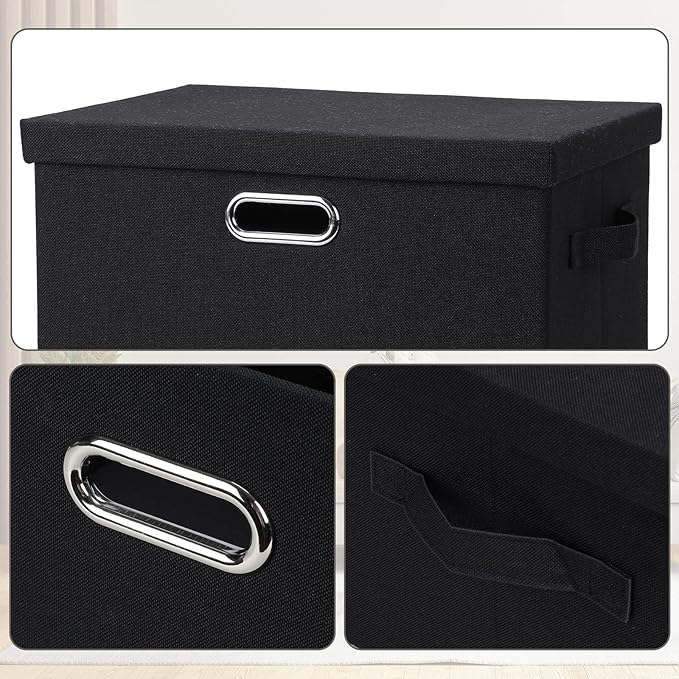 Graciadeco Large 17" 36 Quart Collapsible Stackable Storage Bins with Lids, 1 Pack Black Foldable Fabric Closet Storage Boxes with Lids, 4 Handles Heavy-duty Linen Cube Baskets for Bedroom | 36 Quart 1 Pack Black Collapsible Stackable Linen Fabric 4 Ha... - Image 6