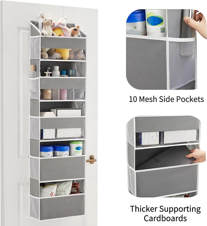 5 Tiers Over The Door Organizer Hanging for Closet (Grey, 2pcs) | EXTRA THICK & 50lbs HUGE CAPACITY, 10 Side Mesh Pockets Over The Door Shoe Organizer,Diaper Organizer, Bedroom, Bathroom - Image 4