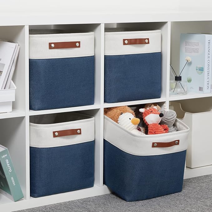 DULLEMELO Foldable Storage Cubes 12 x 12 Organizer Bins,Canvas Storage Bins Empty Gift Baskets for Organizing with SturdyLeather Handles, Closet Baskets for Nursery Storage(4 Pack - 12" White&Blue) - Image 3
