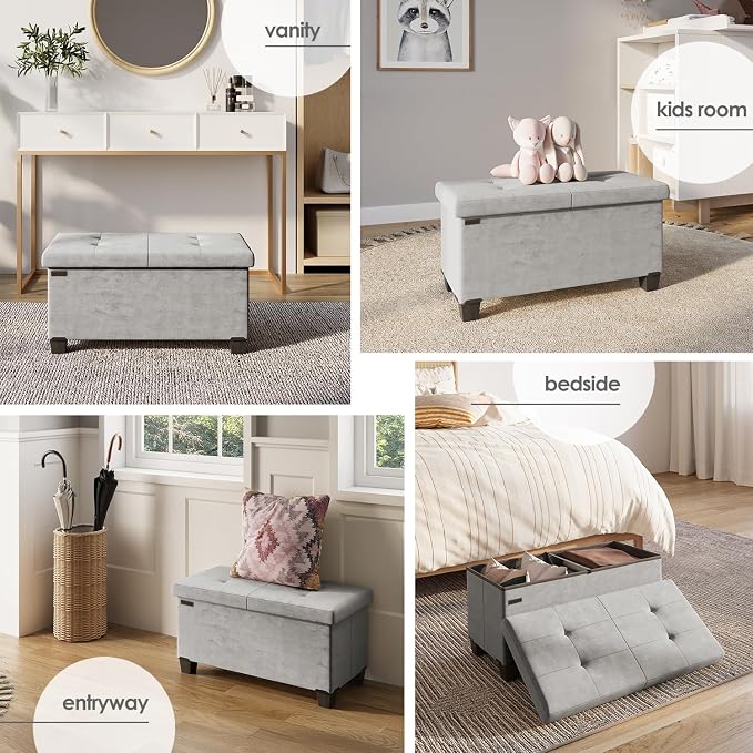 Storage Ottoman Bench with Bins, 30-in Storage Bench for Bedroom End of Bed, Folding Foot Rest Ottoman for Living Room Max 660lbs, Velvet Ottomans, Light Grey - Image 4