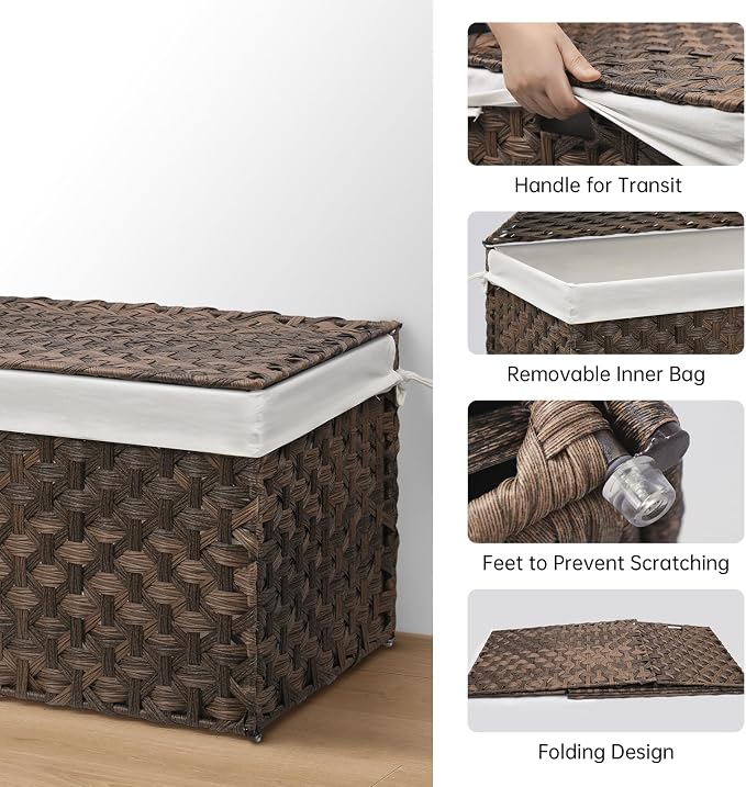 Wicker Storage Basket with Lid, 17.2 Gallon (65L) Small Blanket Basket with Lid, Woven Storage Bin with Handles, Removable Liner, Metal Frame, Foldable, for Bedroom, Laundry Room, Brown - Image 4