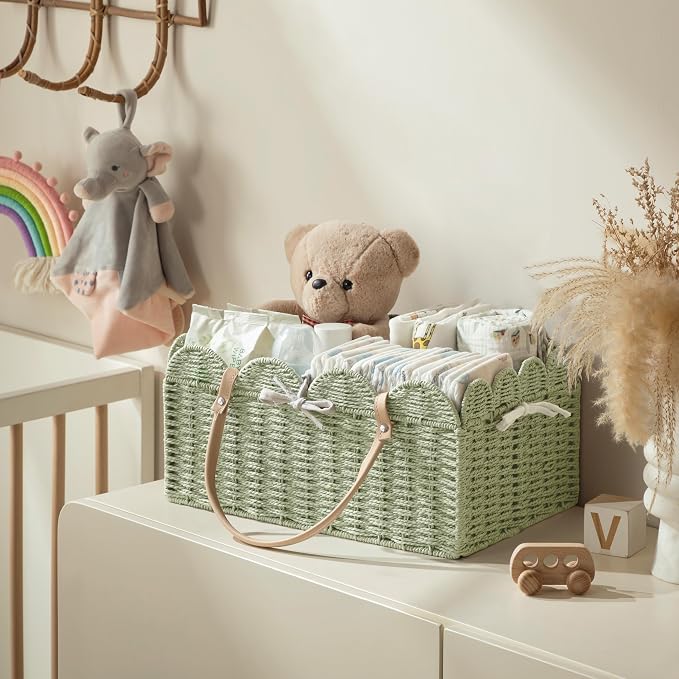 HBlife Large Baby Diaper Caddy, Paper Rope Scalloped Storage Baskets Nursery Bin with Removable Divider, Portable Car Organizer for Diapers, Baby Shower Gifts, Newborn Essentials Must Haves, Green - Image 3