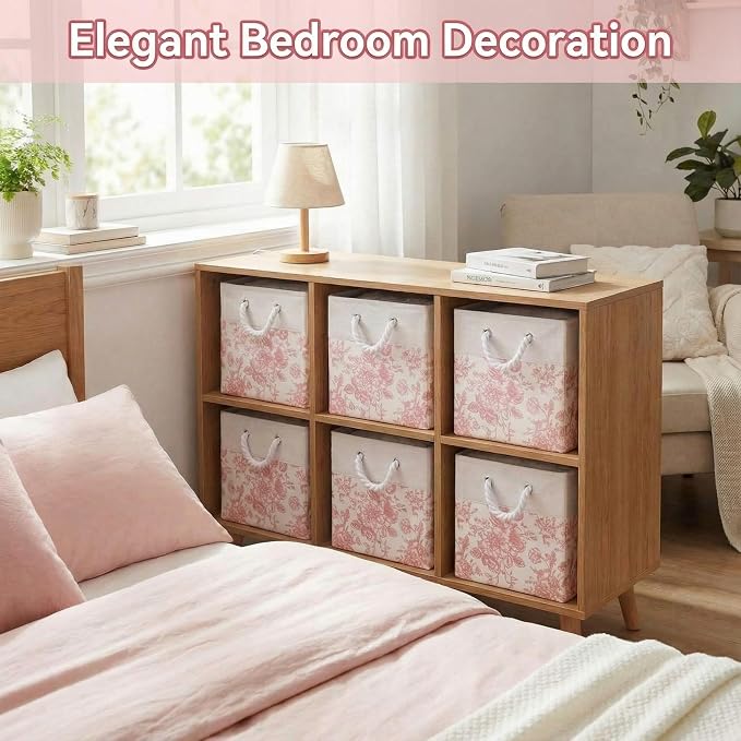 LemonRoad 6 Pcs Pink Floral Cube Storage Bins 11.22 Inch Square Storage Basket with Handle, Preppy Girls Organizer Basket, Collapsible Fabric Box for Classroom Bedrooms Office Home Decoration Gift - Image 3