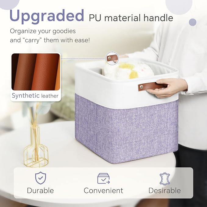 FinishingBo 11 inch Cube Storage Bin 6 Pack, Cube Organizer Bins | Fabric Storage Bins With Handles, 11x11 Storage Cubes, Shelf Basket, White/ Purple - Image 5