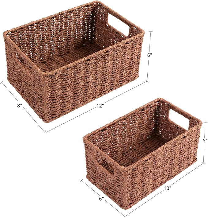 HOONEX Woven Baskets for Storage, Paper Rope Baskets with Sturdy Metal Wire Frame, Baskets for Shelves, Set of 2, Dark Brown - Image 4