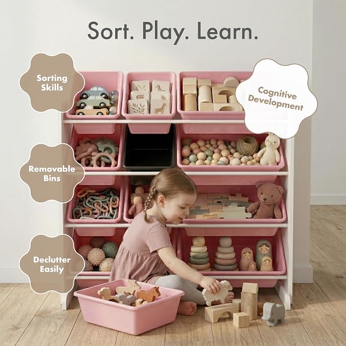 Humble Crew Kids Toy Organizer with 12 Bins, 4 Tier Storage for Playroom | Sturdy wood and steel toddler shelf, removable BPA-free containers, wall anchor anti-tip safety kit for bedroom or classroom - Image 5