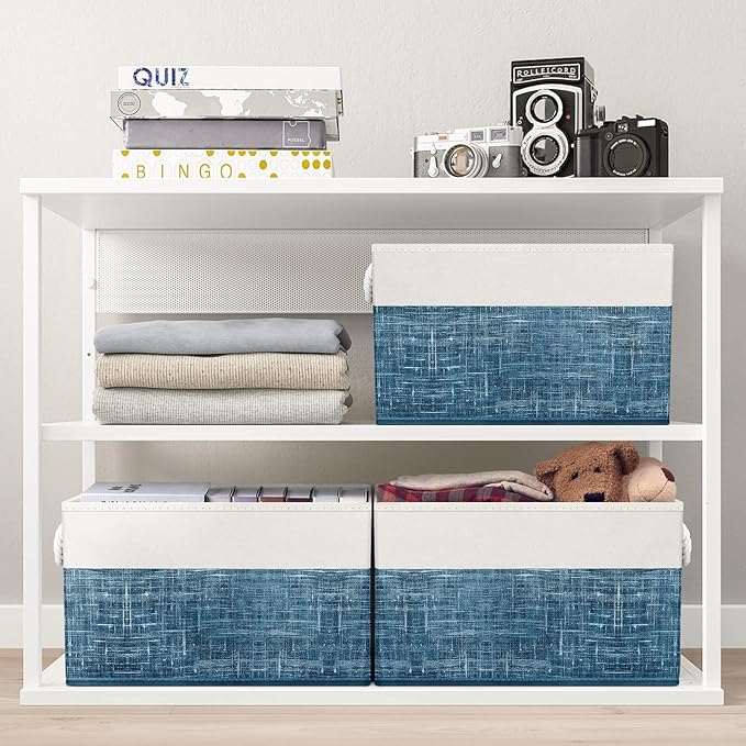 Storage Bins 3-Pack, Foldable Storage Baskets for Organizing Toys, Books, Shelves, Closet, Large Storage Box with Rope Handles, Sturdy Organizer Bins, White & Blue - Image 6