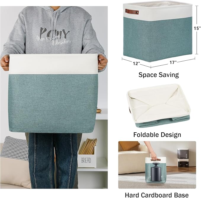 DULLEMELO Large Rectangular Baskets for Blankets 51L Canvas Storage Baskets for Organizing 3 Pack Collapsible Baskets Bins for Organizing Home Office with Handles (White&Deep Green) - Image 2