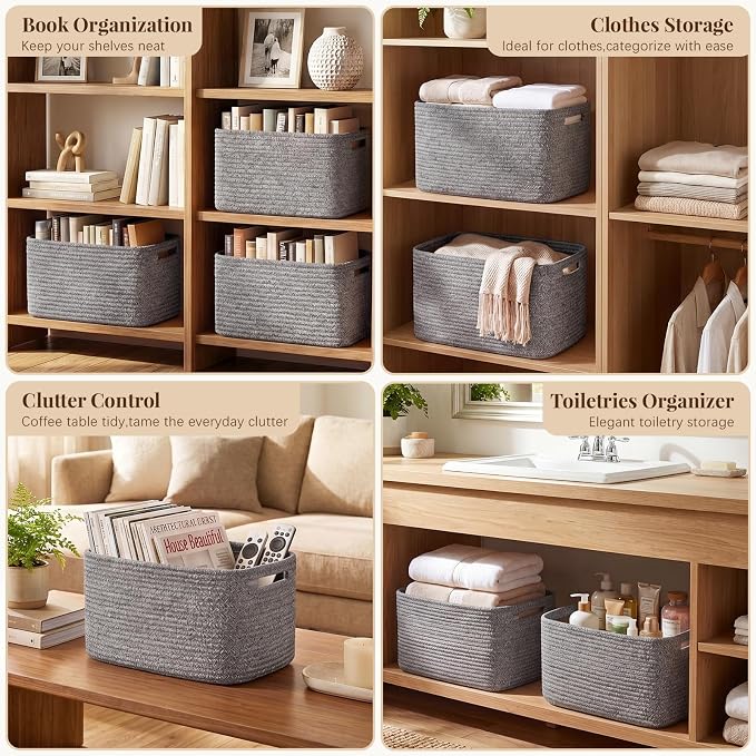 OIASKET 4Packs Natural Cotton Rope Storage Baskets for Organizing Toys, Clothes, Towels & Books, Soft Versatile Organizers for Shelves, Home Decorative Bins, 13''Lx9''Wx7.8''H, Grey - Image 5