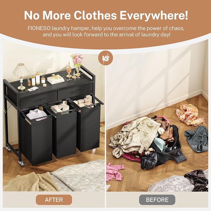 Laundry Sorter 3 Section, 120 L Laundry Hamper with 2 Drawers & 2-tone Top Panel, Rolling Laundry Basket Organizer with Pull-Out Removable Oxford Fabric Bags for Laundry Room Organization UNZYL006BVV3 - Image 7