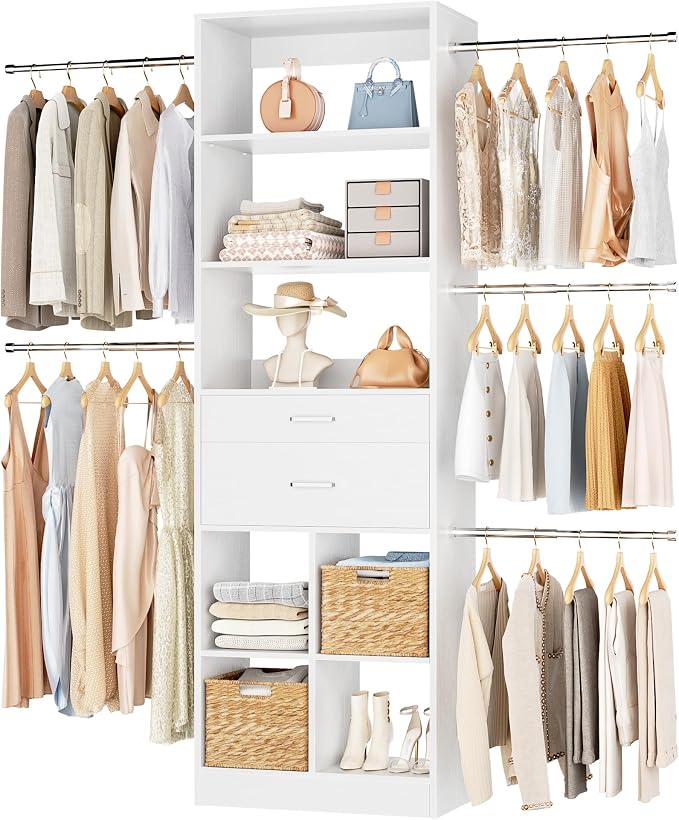 Besiost Small Closet System, 3.2-6.8FT Small Closet Organizer with 2 Wooden Drawers & 5 Hanging Rods, Can Fit 37.5 to 81.9 inch Walk-in Closet System, Built-in, White, Enclosed Storage Volume 2.32 ft³ by Besiost