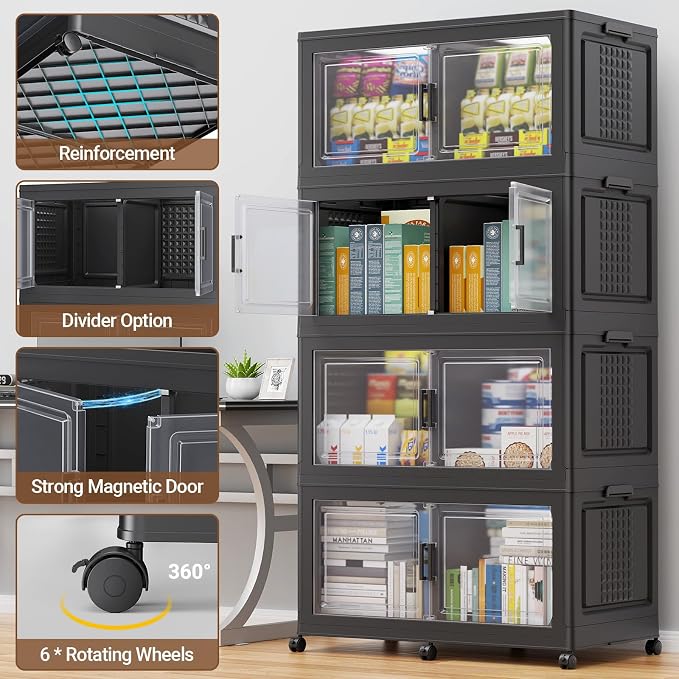 150Gal XL Stackable Storage Bins Foldable Box Cabinet for Home 3Pack Black | Extra Large Plastic Boxes with Dividers Multi-Compartment Collapsible Closet Organizers and Storage Cabinet with Wheels Door - Image 4
