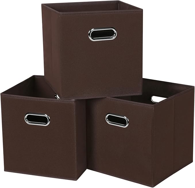 Black Fabric Cubby Storage Bins,13x13x13 Inches ,Cube Organizer Bin Foldable Storage Boxes with Dual Handles Fabric Organizer Box and collapsible Storage basket,Set of 3,Coffee by Yunkeeper