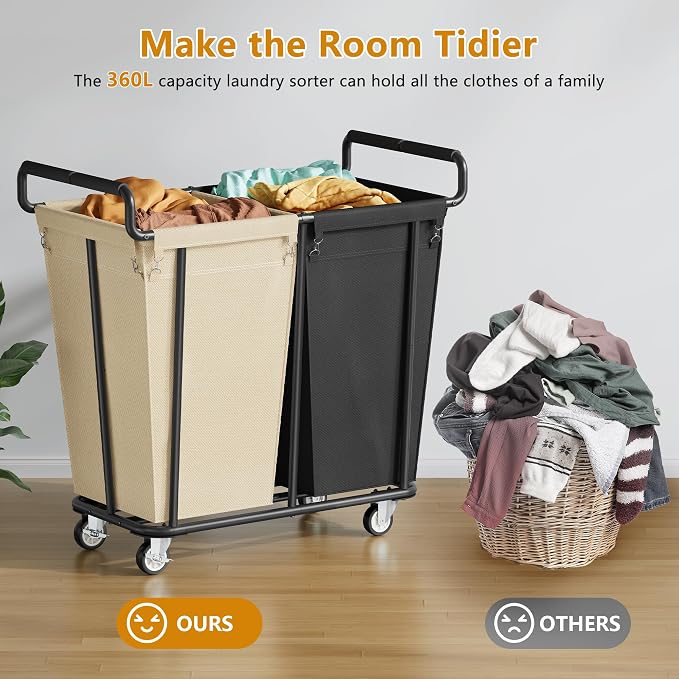 Gewudraw 2 Section Heavy Duty Laundry Basket with Wheels, 360L | Big Rolling Laundry Basket Sorter Cart, Extra Large Clothes Hamper, Laundry Basket Organizer for Laundry Room, Bathroom - Image 4